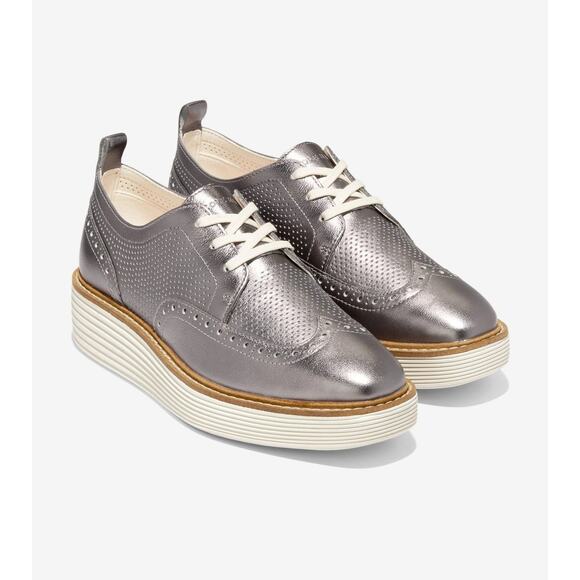 Cole Haan Womens 8B Pewter Metallic ØriginalGrand Platform Wingtip Oxford K16-12 - Picture 1 of 10